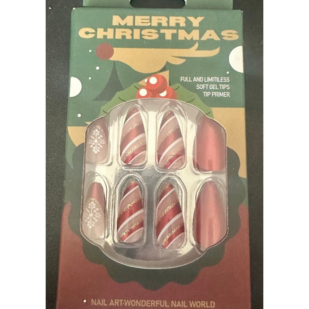 Christmas Candy Cane Press on Nails Red White Stripe Snowflake Glitter Fake Nail